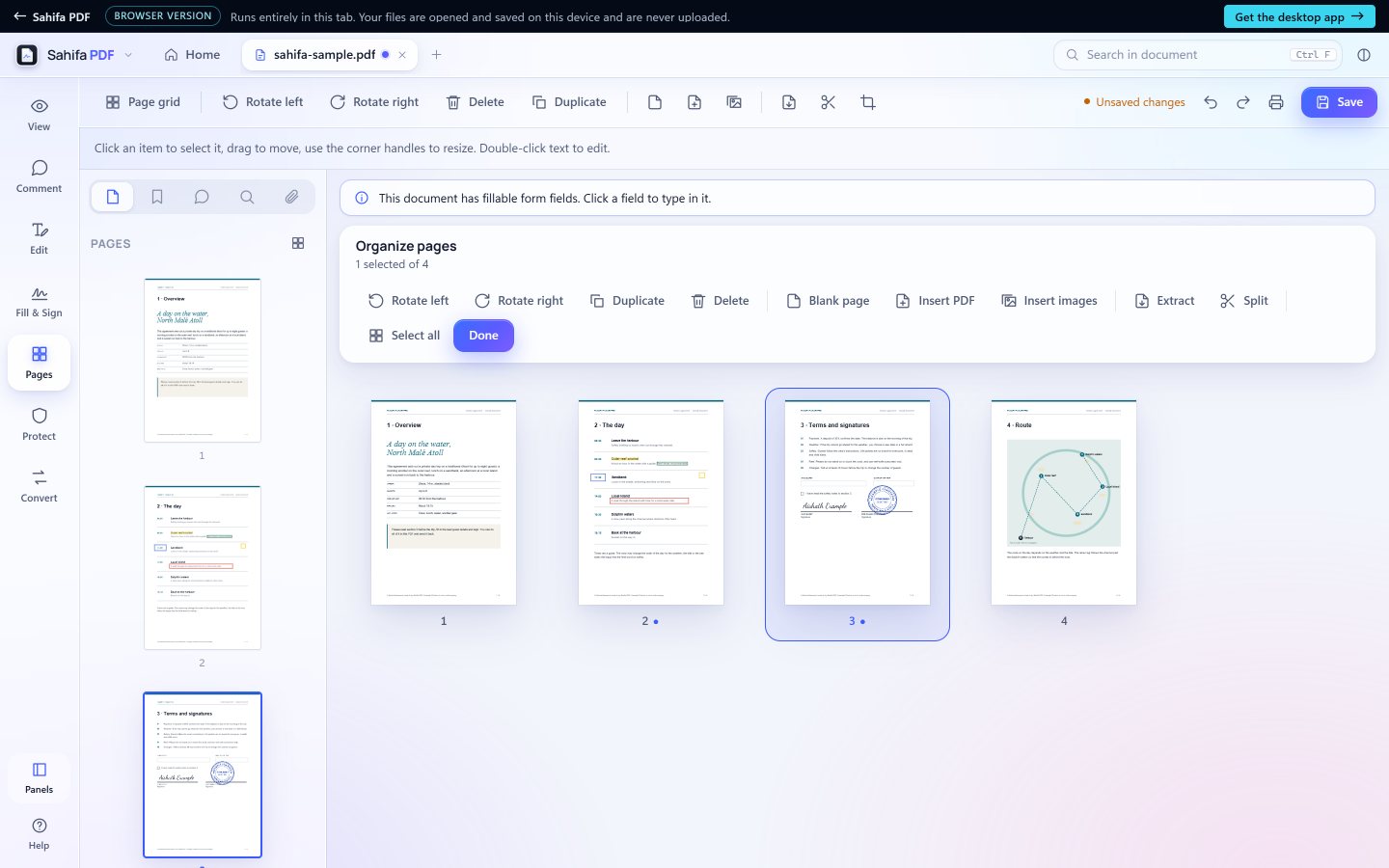 The page organizer showing all four pages, with page three selected