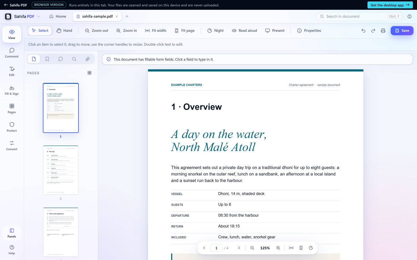 Reading the sample document with page thumbnails in the sidebar