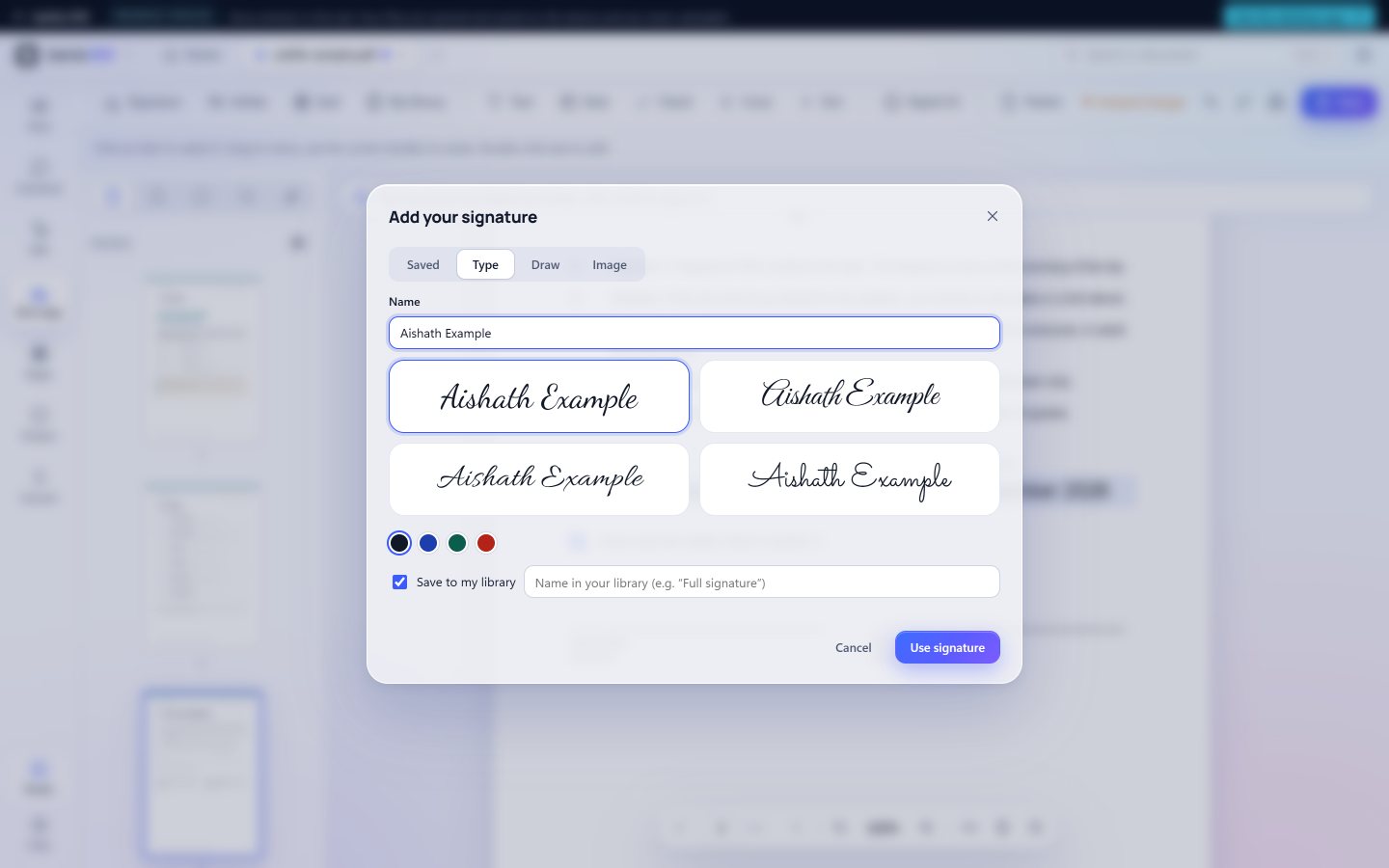 The signature window: a name typed in four handwriting styles, with Type, Draw and Image tabs