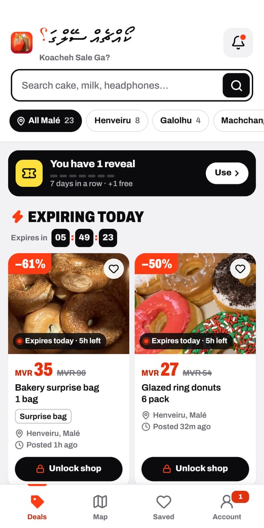 The Koacheh Sale Ga? home screen: deals in Malé filtered by area, with the food whose pack date ends soonest